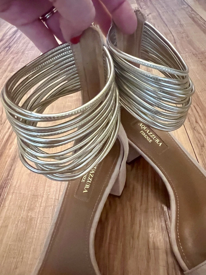AQUAZZURA Firenze Tan Suede Sandals Gold Ankle Cuff $750 heels Size 37.5 /7.5 - Image 2 of 4