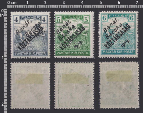 Hungary BoB Banat Bacska 1919 - Overprint - Reaper KOZTARSASAG - 3 Stamps - MLH