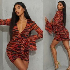PrettyLittleThing Women's Size 10 Orange Zebra Mesh Tie Waist Bodycon Dress