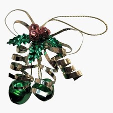 Jingle Bells Ornament Metal Curled Ribbon Red Green Holly Christmas