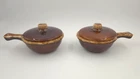 Set 2 HULL Covered Soup Bowls w/Handle Lid Oven Proof Brown Drip Glaze Pottery