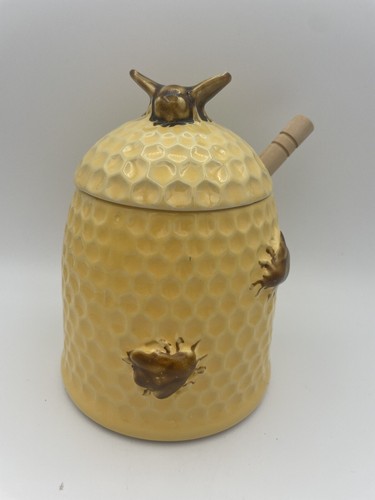 Bees Honeycomb Textured Ceramic Honey Pot Wood Dipper Spring Farmhouse 6"