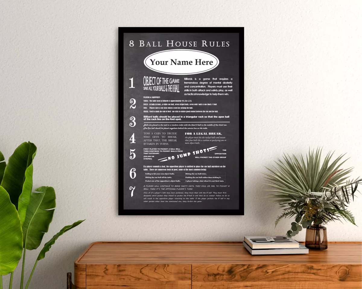 Rules of 8 Ball Pool Eight Billiards Table Game Cue Room Chart Art Poster  24x36