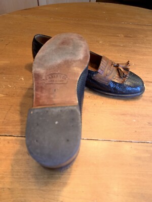 Cable & Co 11 D Black Brown Leather Kiltie Tassel Woven Loafers Made in Italy Cable & Co. Woven Black Leather Tan Kiltie And Tassels  main image 2