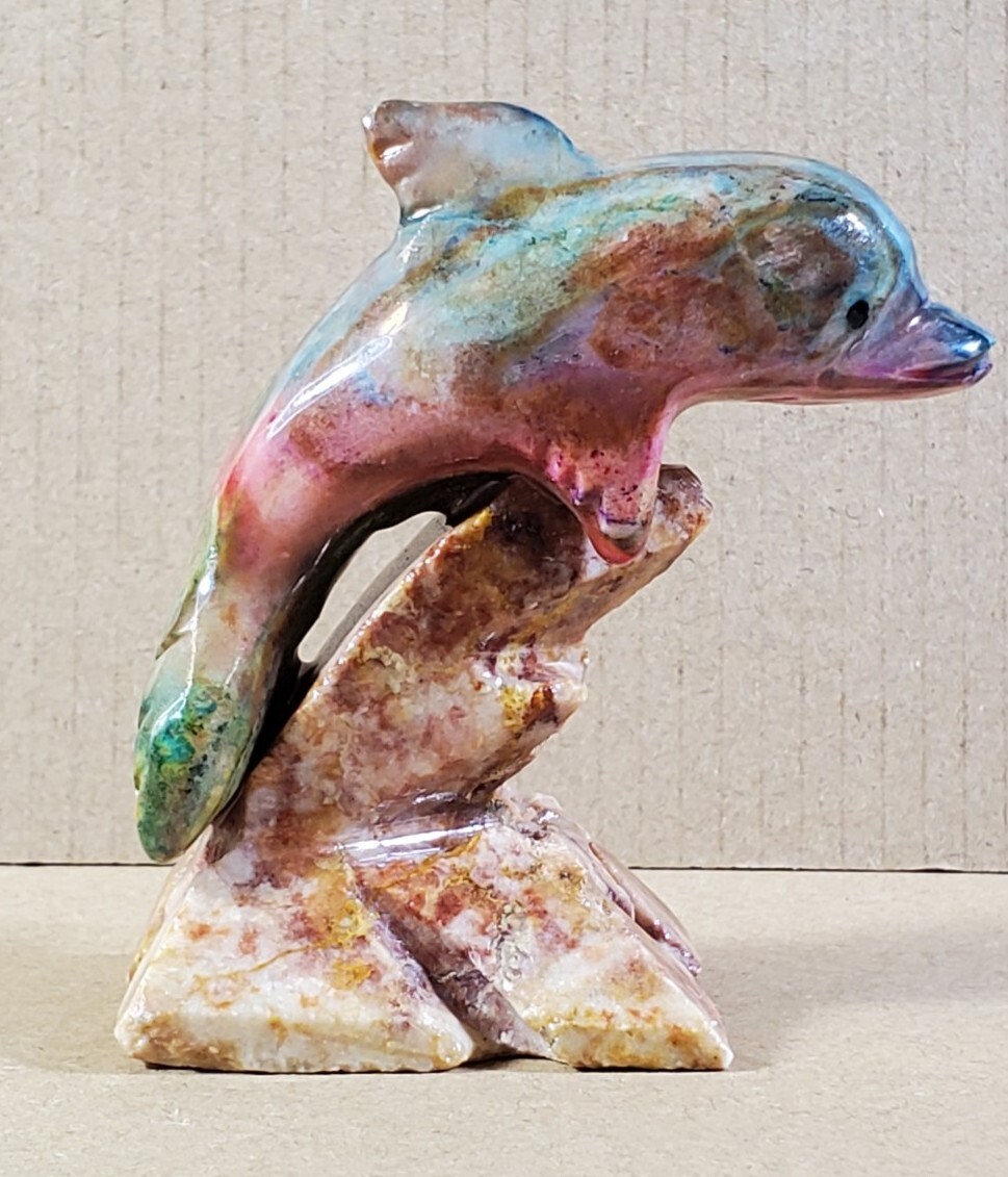 Dolphin Figurine Colorful Stone - 3 Inches SLIGHT CHIP See Photos