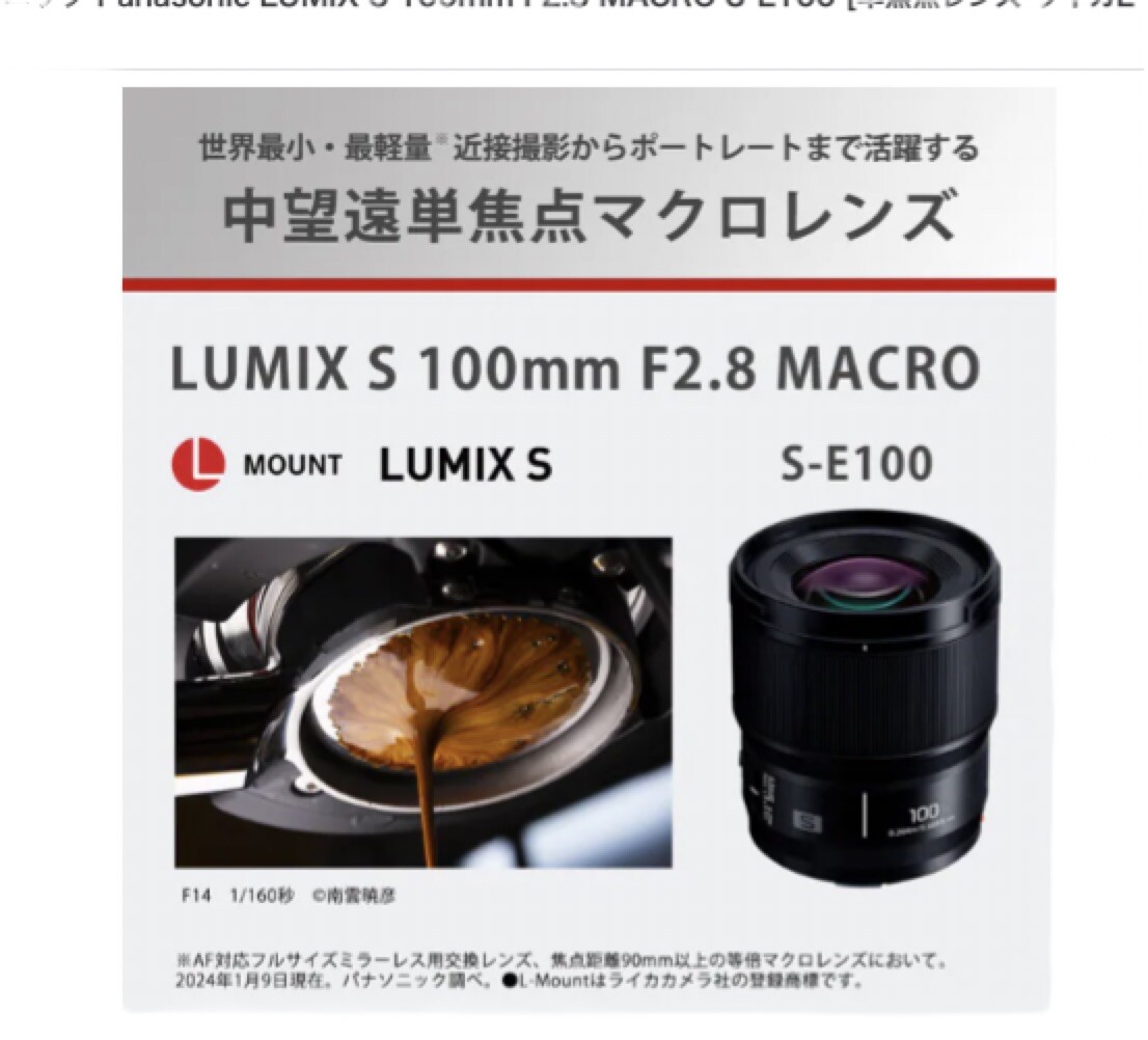 LUMIX 100mmマクロ f2.8 S-E100【美品】 Panasonic LUMIX S 100mm F2.8 MACRO S-E100 【2024.2.15on sale