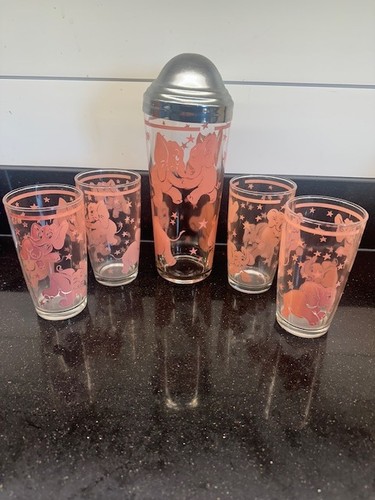 Mid-Century MCM Barware Pink Dancing Elephants Cocktail Shaker & Glasses 1950s