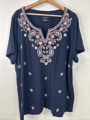Talbots Women s 3X Navy Red White Embroidered Beaded V Neck Short Sleeve Top