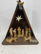 Vintage Nativity Set With Figurines In Homemade Manger See Description