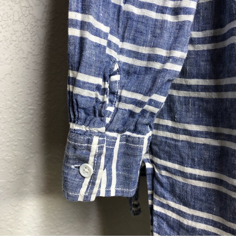Garnet Hill chambray blue and white striped linen button down tunic top ...