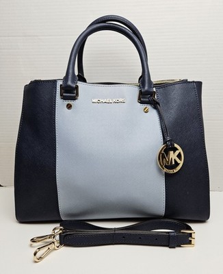 Michael Kors Sutton Centre Stripe Navy Blue Saffiano Leather Satchel