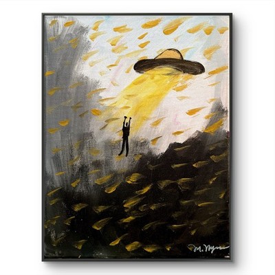 Mary Myers Original Surreal UFO Painting 11x14 Acrylic Canvas Signed Man vs