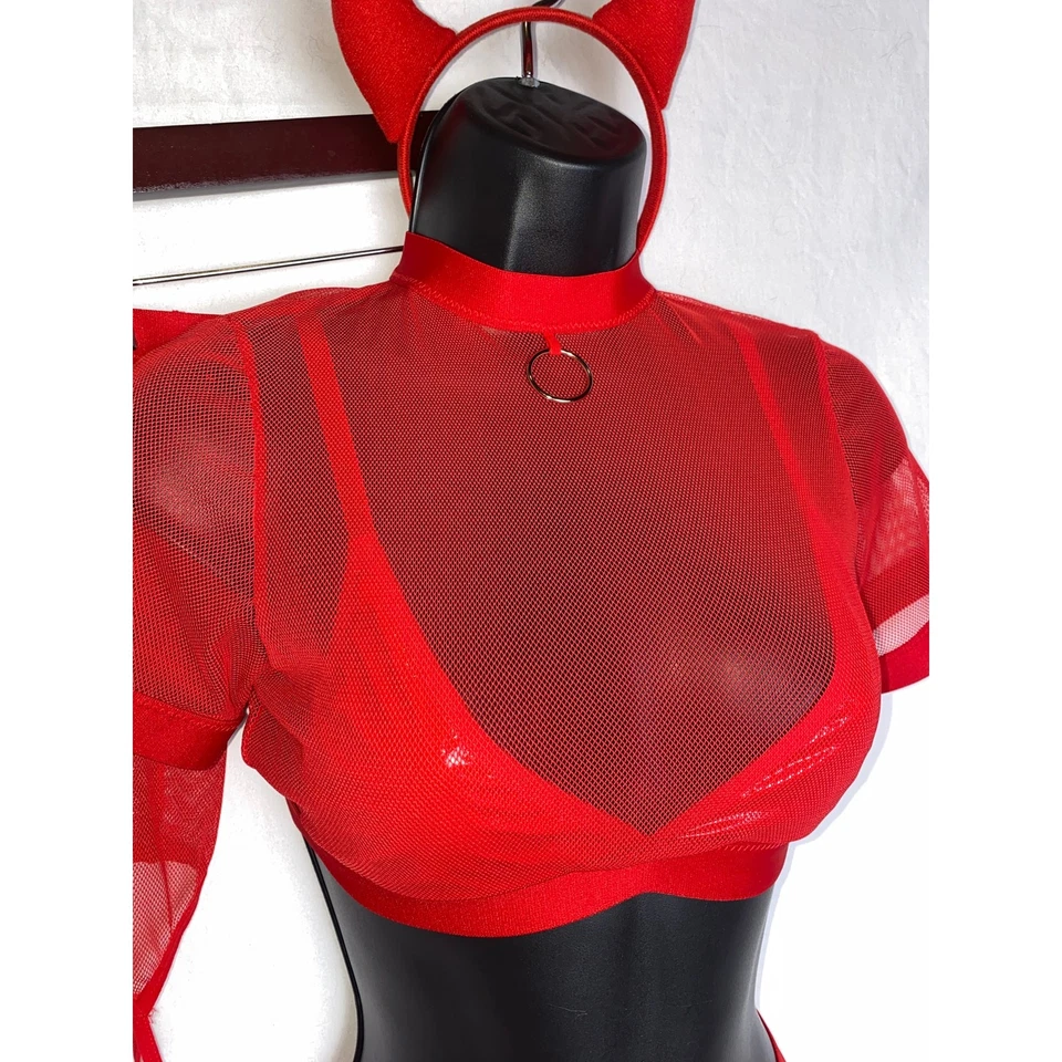 New Medium Skirt Set Devil Halloween Costume Mesh Vegan Leather Latex Red Props - Image 4 of 4