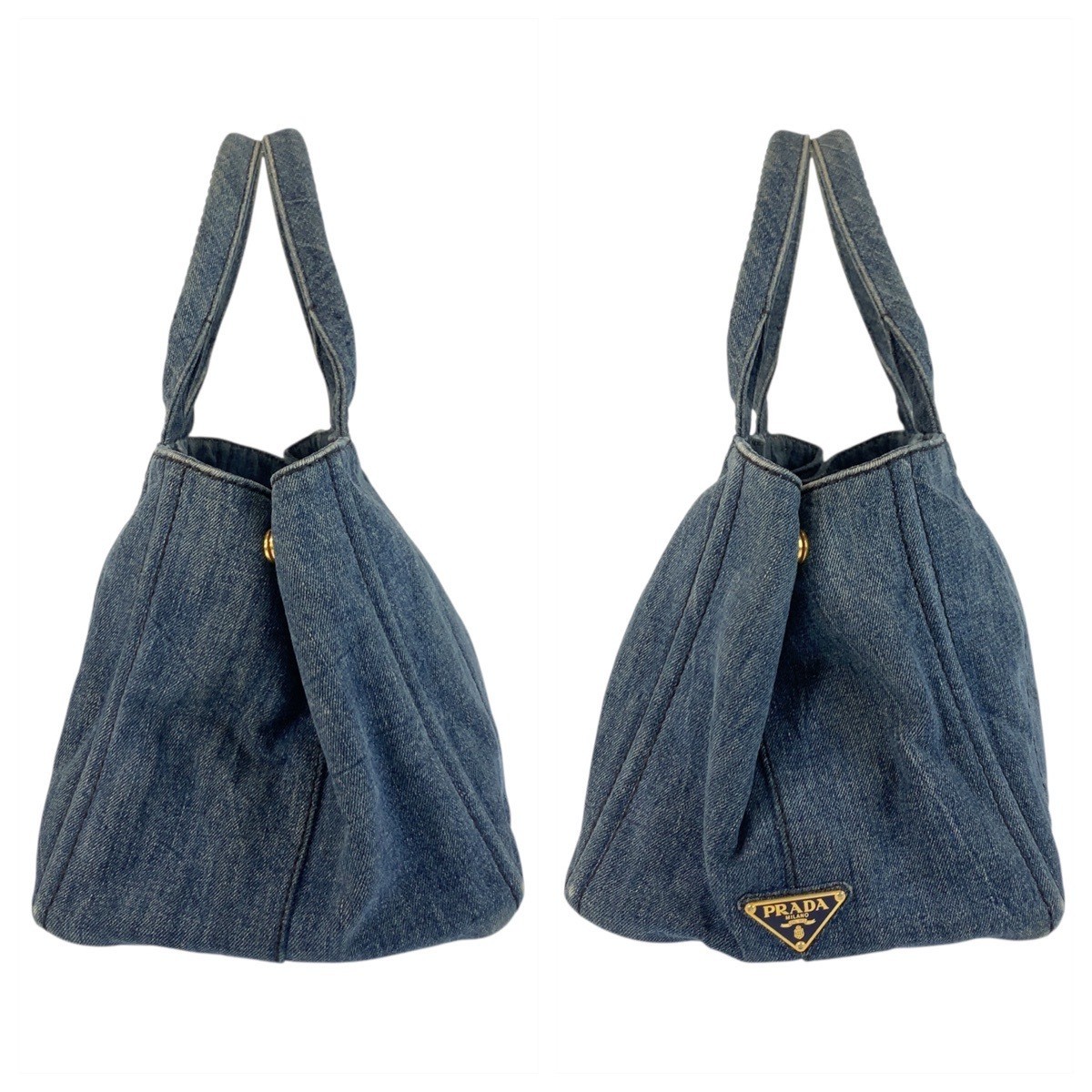 PRADA Canapa Triangle Logo Plate Blue Gold Hardware Canvas Tote Bag Handbag Ladi thumbnail 7