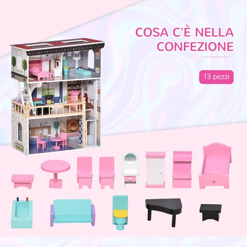 HOMCOM Casa delle Bambole in Legno a 3 Piani con Ascensore e 13 Accessori Rosa - Foto 7 di 10