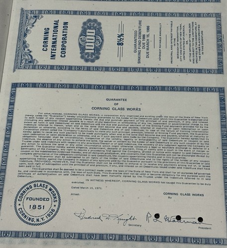Corning International Corp. 1971 Vertical Bond Certificate w/Glass Blower - Picture 2 of 3