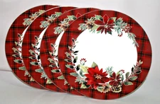 Grace Fine Porcelain Holiday Poinsettia Holly Plaid Dinner Plates Set/4 New