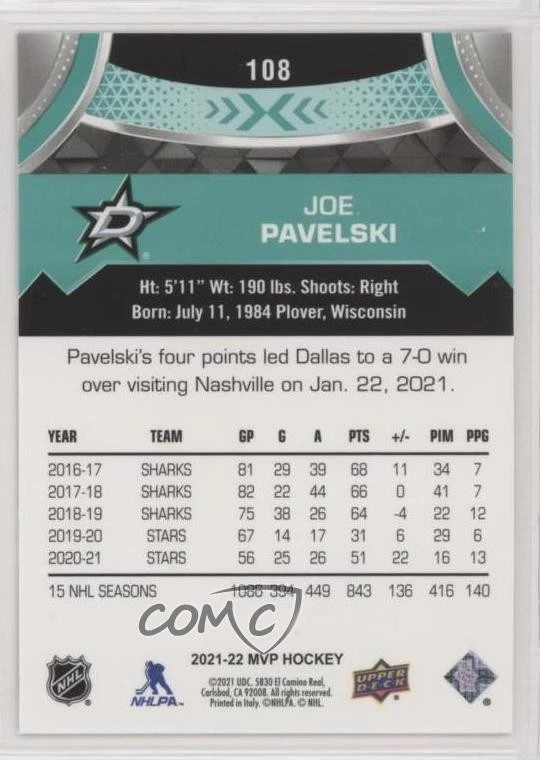2021-22 Upper Deck MVP Super Script /25 Joe Pavelski #108 - Image 2 of 2