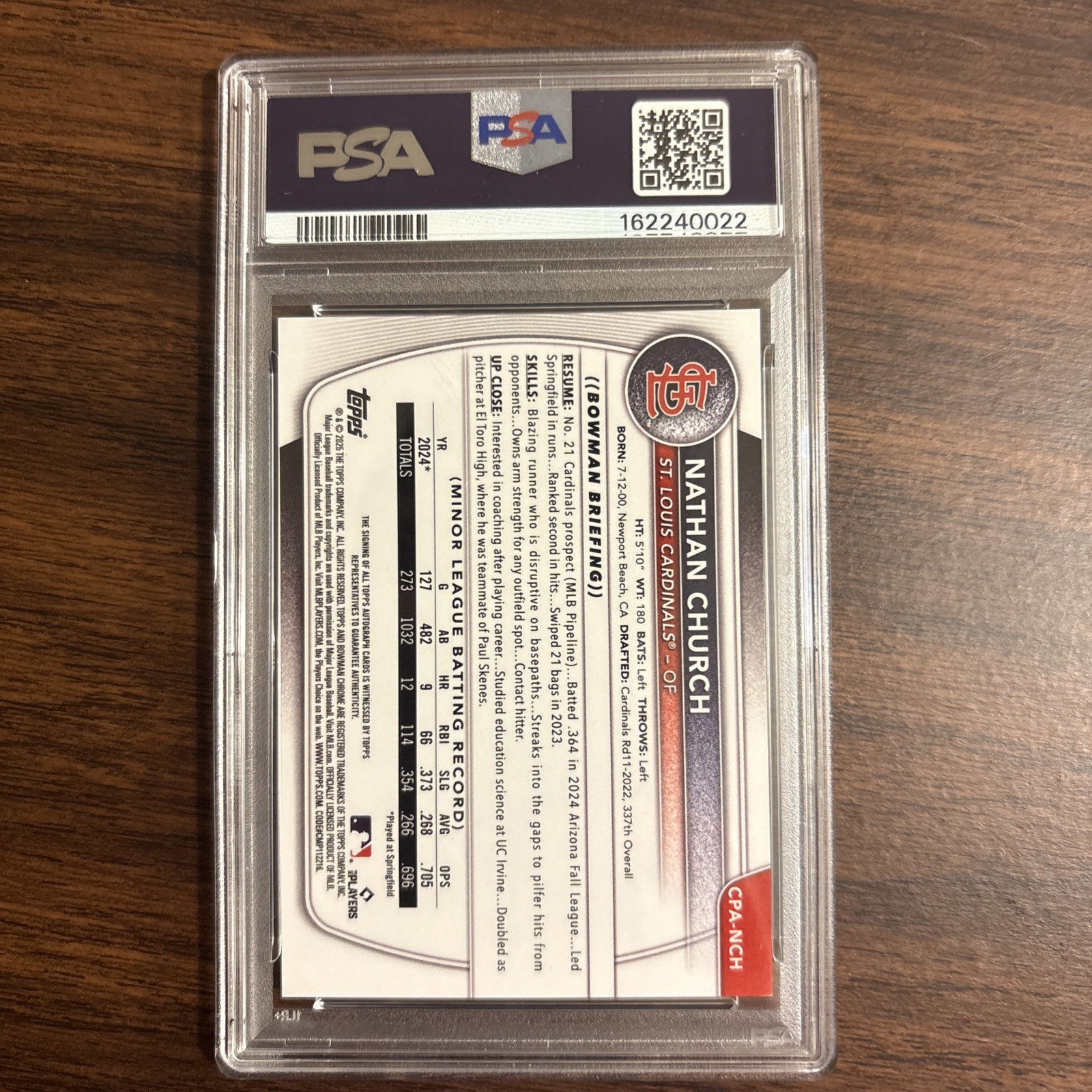 2025 Bowman Chrome Nathan Church Bowman 1st Auto True Green /99 Cardinals PSA 9 view 2
