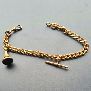 Edwardian Rolled Gold Watch Chain T Bar & Seal Fob