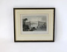 Antique Engraving Print Menai Bridge Bangor Wales Framed Etching 13” X 11”