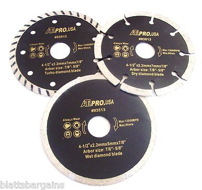 3 ATE PRO 4-1/2'' DIAMOND TURBO WET DRY SAW BLADES WHEELS SET 93513 TILE CONCRETE