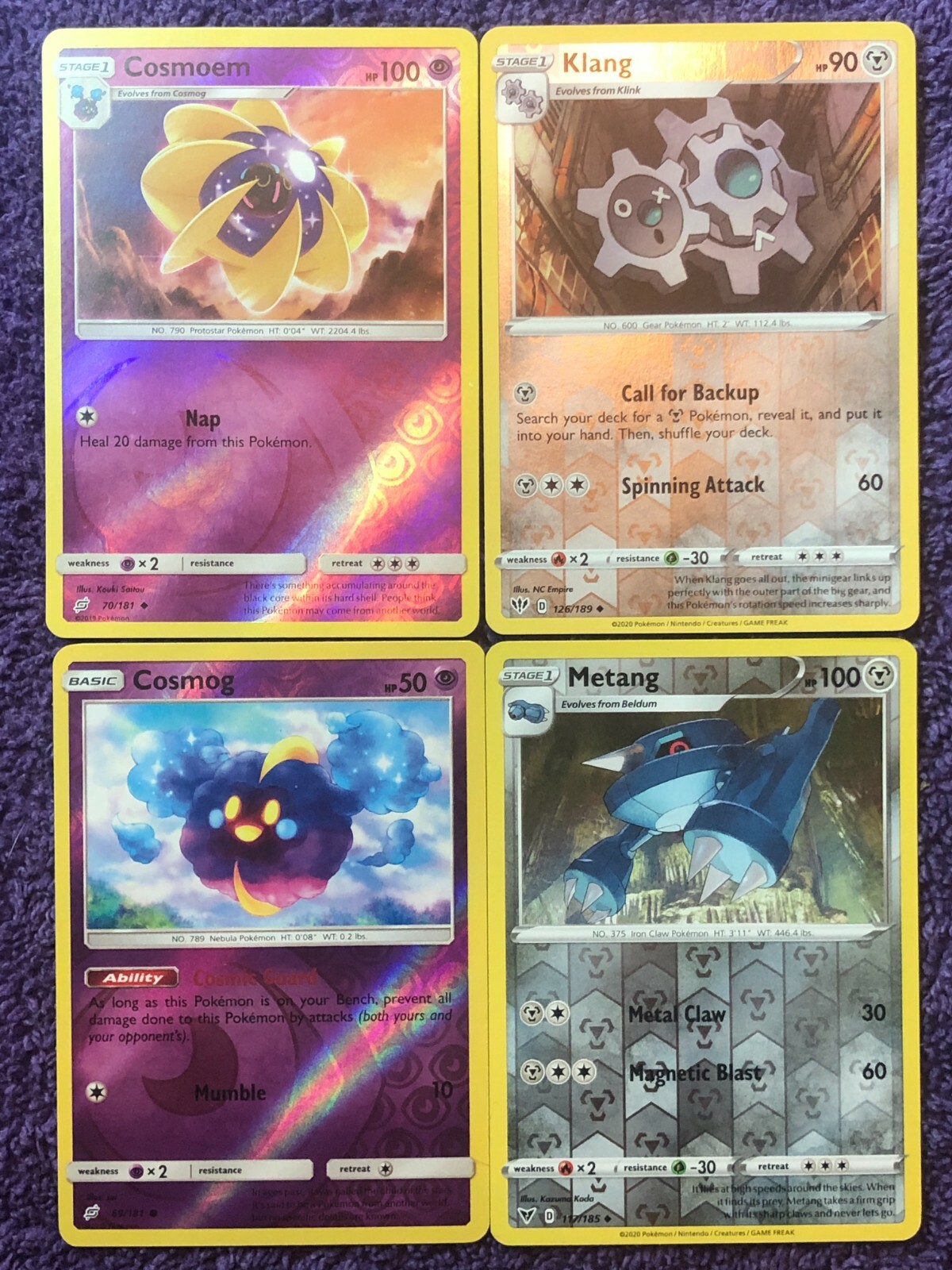 POKEMON CARD X4 HOLO COSMOEM 70/181 COSMOG 69/181 METANG 117/185 KLANG 126/189