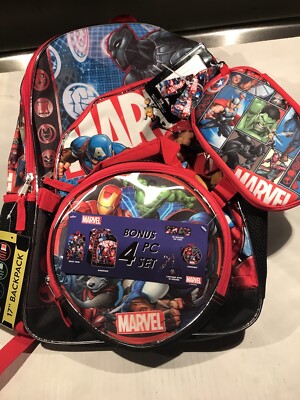 Marvel Avengers 17'' Backpack W/ Lunch Kit 3D Molded Zip Case I.D Holder 4 PC NEW