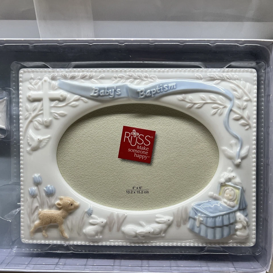 Russ Bebé Bautizo Bautizo Cruz y Marco Cerámica Azul Niño Set de Regalo Foto 2 de 4