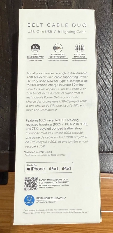 Native Union Belt Cable Duo 5ft Cable 60W USB-C to C & LIGHTN-ING TO USB-C - NEW - Image 2 of 3