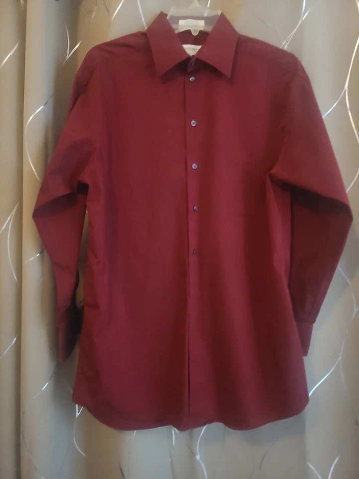 Men's Long Sleeve Dress Shirt Dark Red- Size 15 Wrinkle Free 100% Cotton  - Image 2 of 4