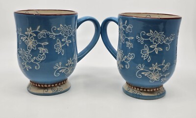 (2) Temp-tations Floral Lace Mug Light Blue Footed Cafe Coffee Cup Pedestal 16oz