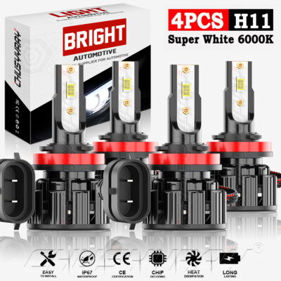 4PCS Combo H11+H11 White 6000K 4x H11 LED Headlight Kit Bulbs - Foto 4