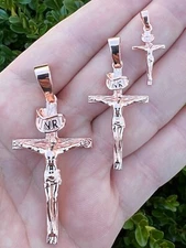 14k Rose Gold Plate Solid 925 Silver Cross Jesus Piece Crucifix Pendant Necklace
