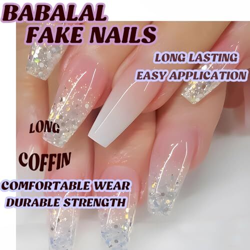 Pink Press on Nails Long Coffin Fake Nails White Glitter Sequins Glue on - Picture 5 of 7