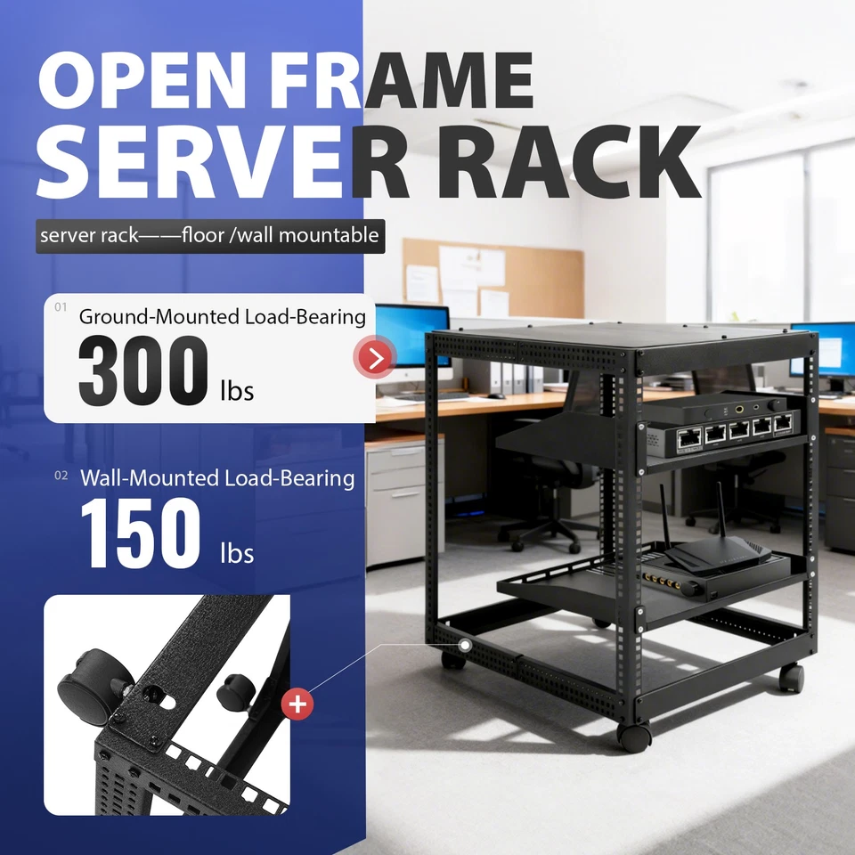 New 12U 4 Post Open Frame Server Rack Network Enclosure 23''-40'' Adjustable - Image 3 of 4