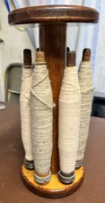 Antique Wooden Sewing Loom Spindle Bobbins w/ Thread & 8 Wooden Spools Holder