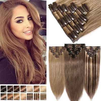 Clip In 100% Remy Echthaar Hair Extensions Haarverlängerung 8 Tressen Dick BRAUN - Bild 1 von 4