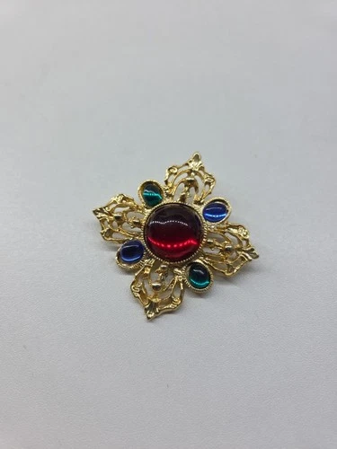 Vintage Maltese cross brooch with a red domed center stone Costume Jewelry