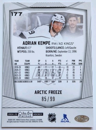 2024-25 O-Pee-Chee Platinum Arctic Freeze 85/99 #177 Adrian Kempe LA Kings - Picture 2 of 2