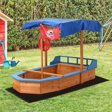 Wooden Kids Sandpit Pirate Ship Toy Boat Outdoor W/ Awning Sandpit Children Gift