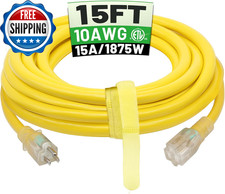 15 Ft 10AWG Outdoor Extension Cord Waterproof Heavy Duty 10 Gauge 3 Prong...