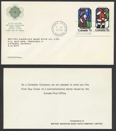 1973 #627-628 10c-15c Christmas FDC British American Bank Note Cachet Insert