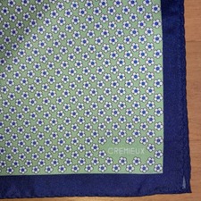 Cremieux Pocket Square Green Floral Blue Border 100 Silk New