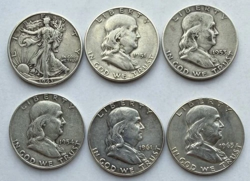 Lot 6 90% Silver 1943D WL 1951S 1953D 1954D 1961P 1963D Franklin Half Dollar 75g