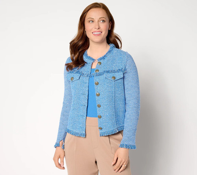 #ad #ad NWT NICZOE Large Utility Fringe Details Mix Knit Jacket in True Blue QVC 3372 $65.70