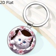 White Cat Kitten Floral Keychain Key Ring Purse Handbag Backpack Bag Car Charm