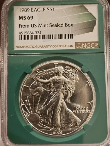 1989 Silver Eagle S$1 MS69 Green Core US Mint Sealed Box Label NGC