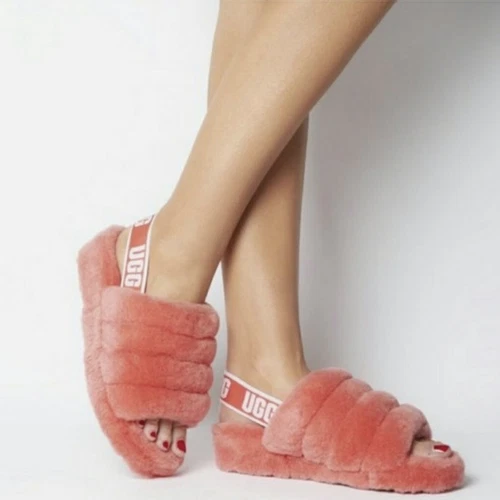 Sandali UGG Fluff Yeah Slides taglia 7 rosa corallo pelle di pecora comodi slingbacks
