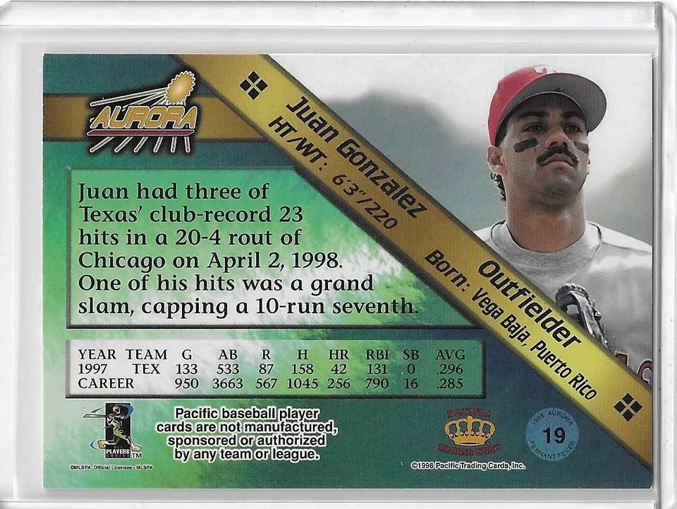 1998 Pacific Aurora #19 Juan Gonzalez Pennant Fever - Image 2 of 2
